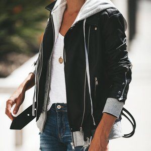 Vici Hooded Faux Leather Pocketed Bomber Jacket Size L
